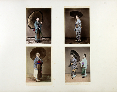 Ladies with umbrellas, 19th century (hand-coloured b/w photo)