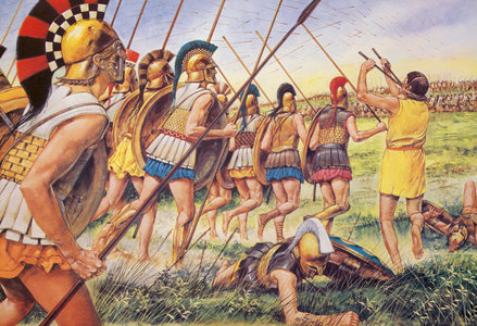 The Greeks advance upon the Persians at the Battle of Marathon (colour litho)
