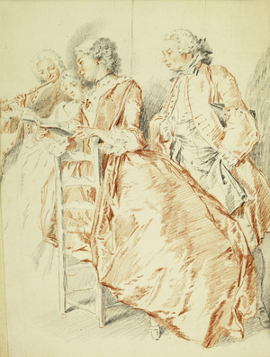 A Music Party: a Flautist and Two Ladies Holding a Songbook, a Gentleman Behind, (red and black chalk)
