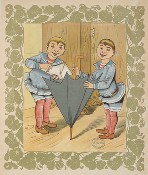 Two boys holding an umbrella and pouring a substance into it, to play a practical joke.