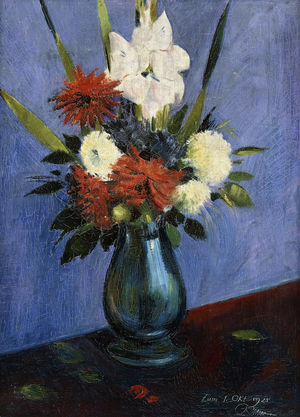 Vase of Flowers with Gladiola and Dahlias; Blumenvase mit Gladiolen und Dahlien, (oil on canvas)