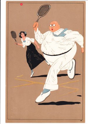 A print of two tennis players in comic and humorous postures, c.1920 (colour litho)