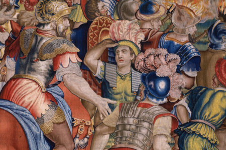 Flemish tapestry. Series The Acts of Scipio: The battle at Zama. Cartoonist Giulio Romano. Atelier of Balthasar van Vlierden (?), Brussels. 1523-1532. Detail.