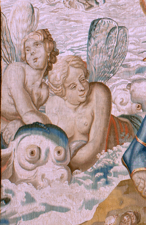 Flemish tapestry. Series Story of Theseus. Theseus receives Minos’ ring from Amphitrite (Teseo recibe de Anfítrite la sortija de Minos). Fifth tapestry in the series. Model Anthonis Sallaert. Manufacture Jan Raes the Younger, Brussels. Ca 1630. Fabric Silk and wool.