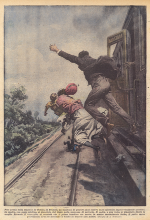Shortly before the station in Toulon, France, a four-year-old boy fell out of the counter  (colour litho)