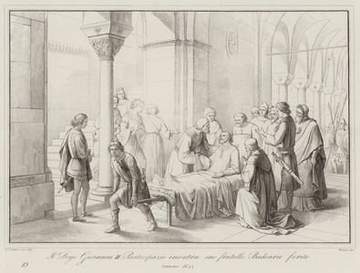 Il Doge Giovanni II Partecipazio incontra suo fratello Badoario ferito, 884 (engraving)