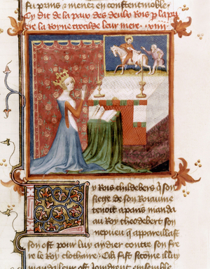 French queen Clotilde (475-545) invoking Saint Martin, illumination from manuscript of the "Grandes Chroniques de France", 15th century, coll. BnF-Paris (Fr2608, f°26)