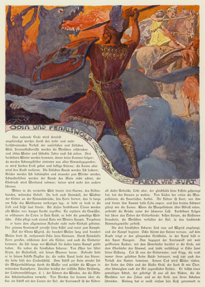 Odin and Freyr battling Fenrir and Surtr at the battle of Ragnarok (colour litho)