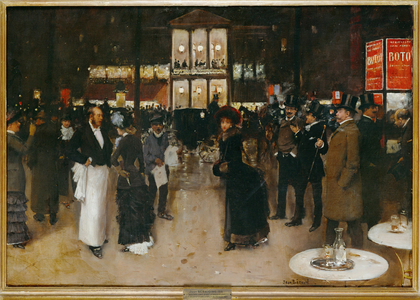 The boulevard in front of the Theatre des Varietes, Paris, at night (painting on canvas)