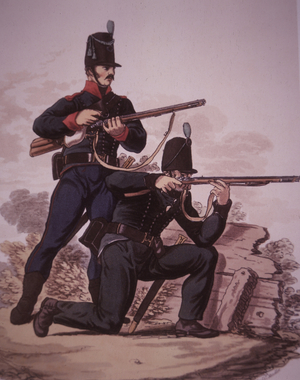 British Army riflemen of the early 19th century: Soldier of the 60th Royal American Foot standing, and soldier from the 95th Rifle Regiment kneeling (colour litho)