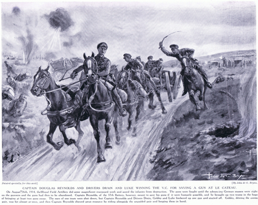 Captain Douglas Reynolds and drivers Drain and Luke winning the VC for saving a gun at Le Cateau August 1914 (litho)