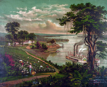 African-Americans picking cotton on plantation beside the Mississippi, c1883. Plantation house left, workers' cabins to its right. Jetty for loading cotton bales, centre. Paddle Steamer River Agriculture Textile Landscape USA 