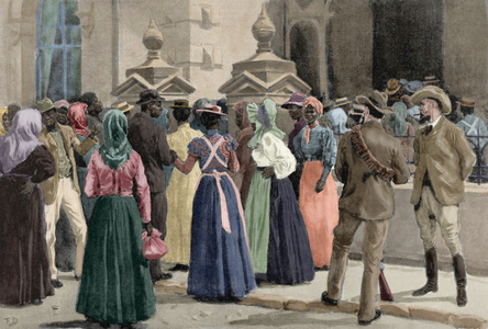 Second Anglo-Boer War (1899-1902). Exodus of Johannesburg. Native people leaving from the city (coloured engraving)