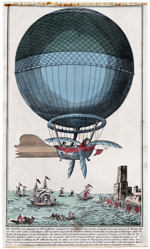 Jean Pierre Blanchard (1753 - 1809) and John Jefferies (1745 - 1819) arriving in Calais after crossing the English Channel in a Hot Air Balloon on 7th January, 1785. pub. 1785 (hand coloured engraving)