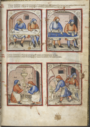 (Whole folio) Exodus chapters 37-39.The craftsmen Bezalel and Oholiab work on Aaron's jewelled garments, the golden lampstand and the pillars of the court.