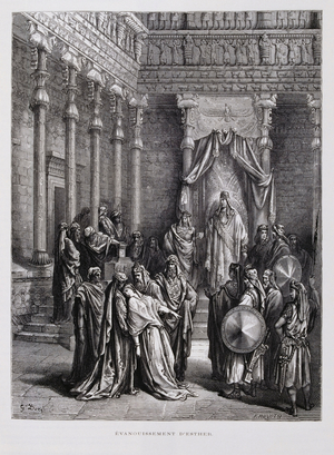 Queen Esther faints before the King, Illustration from the Dore Bible, 1866