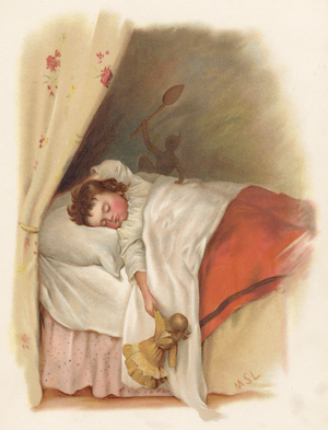 Young girl sleeping (colour litho)