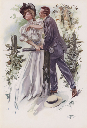 Man trying to steal a kiss from a young woman (colour litho)