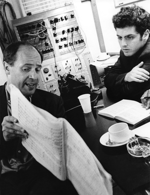 Pierre Boulez with Daniel Barenboim at Abbey Road Studios, London