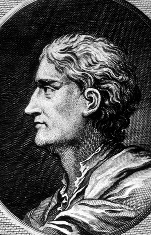 Isaac Newton (1642-1727) english mathematician, physicist and astronomer, author of the theory of terrestrial universal attraction, engraving