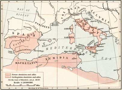 Map of Rome and Carthage at the beginning of the Second Punic War, 218 BC, publ. 1923 (colour litho)