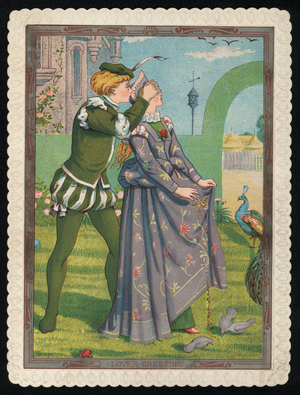 Young woman feeding the birds being surprised by her lover (colour litho)