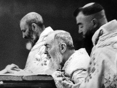 San Giovanni Rotondo, Foggia, Italy, 1985, Padre Pio of Pietralcina holds Messa (b/w photo)