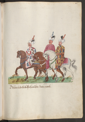 Personnel of the Persian embassy: Persian valets on horseback
