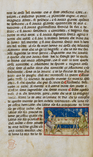 Miniature shows two men seated at either end of a trestle table laid with a cloth and utensils