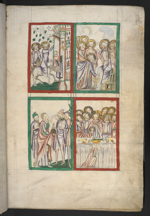 Four miniatures: 1. the Entry into Jerusalem; 2. Judas and the priests; 3. the Washing of the Feet; 4. the Last Supper