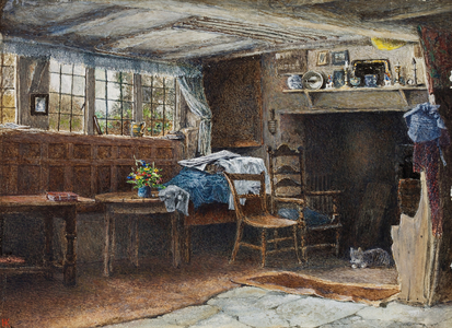 Interior of Anne Hathaway's Cottage, with cat (w/c on paper) 