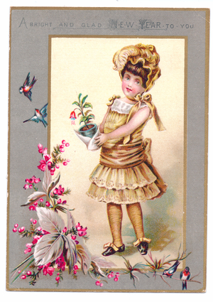 A Victorian New Year card of a girl wearing an elaborate gold outfit and a bonnet with feathers holding a flowerpot, c.1880 (colour litho)