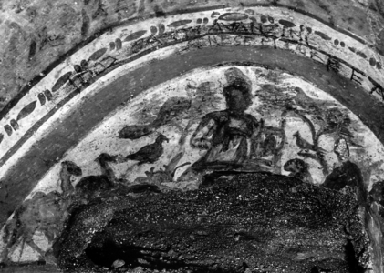 Erich Andres Italy - In the catacombs of Rome in the 1950s: a rare symbol of Christ, from the 4th century, who is shown here as Orpheus, who tames the wildest animals with the power of his song and the sound of a lyre, also Christ who teaches and educates the people with his teaching. 512/17