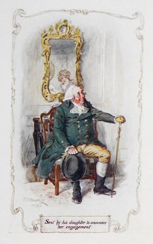 'Sent by his daughter to announce her engagement". Mr Bennet. Illustration to 'Pride and Prejudice', the novel by Jane Austen.