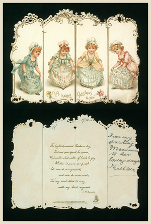 Girls curtseying, Christmas greetings card, late 19th or early 20th Century (chromolitho)