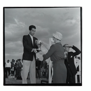 Post Office sports competition medal ceremony, 29th August 1959 (b/w photo)