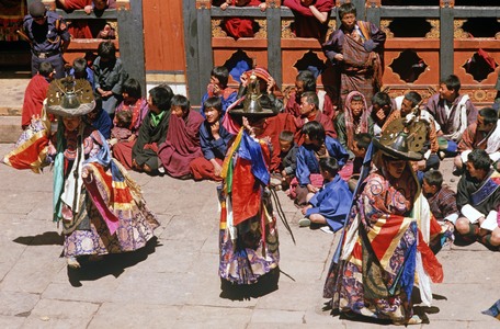 Black Hat dancers at the Paro Tshechu, mask dance festival, in the Paro Dzong, Bhutan (photo)