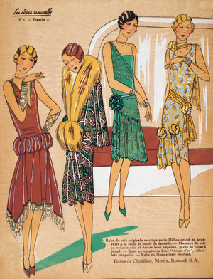 Designs for four Evening Dresses showcasing Tissus de Chatillon, Les Idées Nouvelles, 1924 (pochoir print on tissue paper)