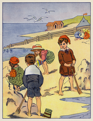 Sandcastles on the beach (colour litho)
