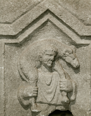 The Good Shepherd, moschophoros, detail, 4th century (Carrara marble bas-relief)