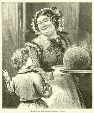 Mrs Blossom with the great steaming Pudding (engraving)