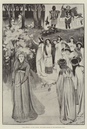 "King Arthur," at the Lyceum, the Queen's Maying in the Whitethorn Wood (litho)
