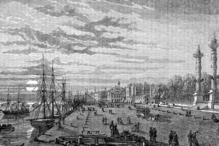 Bordeaux, France, 1852 : the harbor, the quays and the Garonne river, engraving