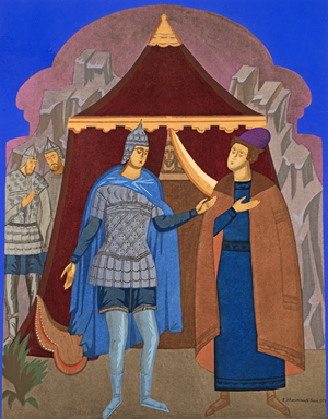 Grigori asking for directions to the Lithuanian border, 1925 (pochoir print)