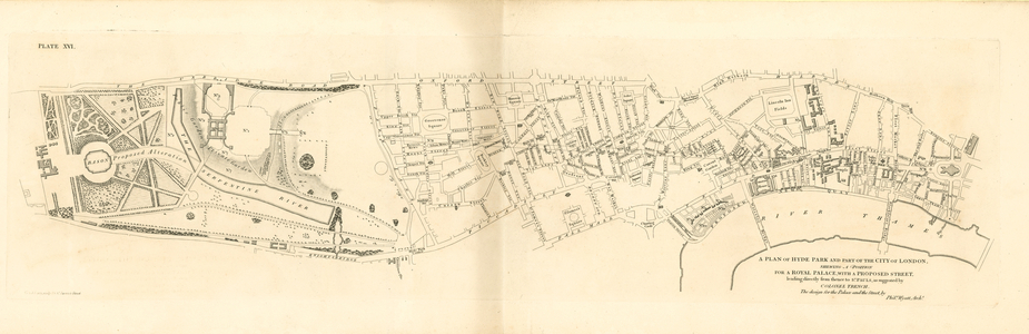 A plan of Hyde Park and part of the City of London, shewing a position for a Royal Palace (engraving)