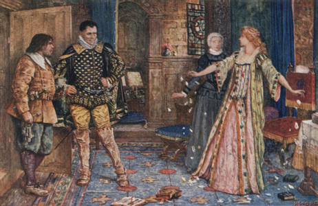 So saying, she tore in pieces Leicester's letter and stamped upon them as they fell to the floor (colour litho)