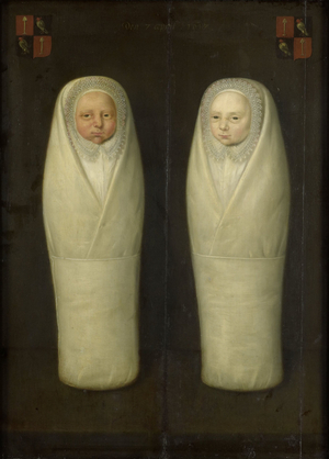 Portrait of Swaddled Twins: The Early-Deceased Children of Jacob de Graeff and Aeltge Boelens, c.1617 (oil on panel)