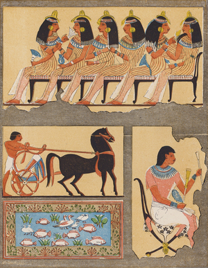 Frescoes from an ancient Egyptian tomb, Thebes (colour litho)