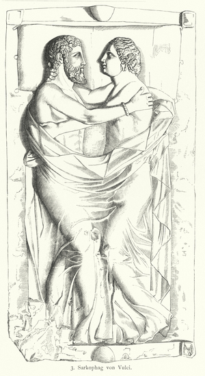 Ancient Etruscan sarcophagus from Vulci (engraving)