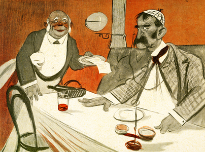 Theophile Delcasse disputing the bill in a French restaurant, 1903 (litho)